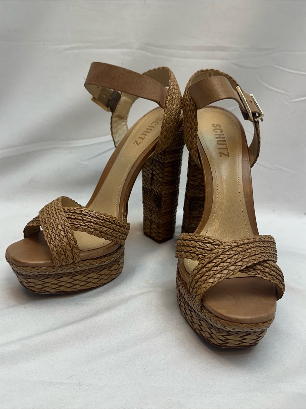 SCHUTZ Leather Tan Woven Platform Sandal with Ankle Strap 9